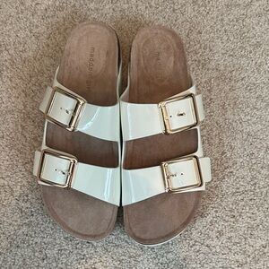 Madden Girl Glossy White Sandals with Gold Accents